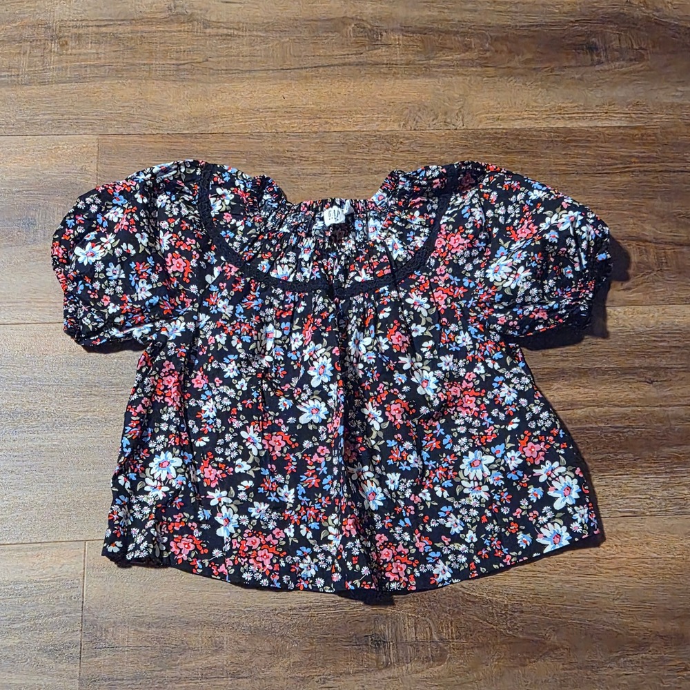 Gap Kids Girls Black Floral Puff Sleeve Cotton Blouse Top Size L 10 Cottagecore